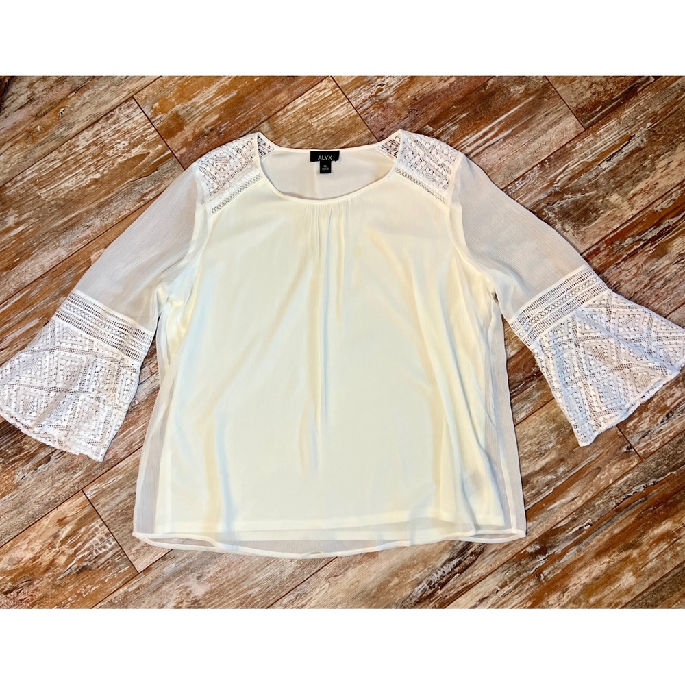 Alyx Ivory Cream Lace Bell Sleeve Blouse XL Sheer Chiffon Boho Lined Top